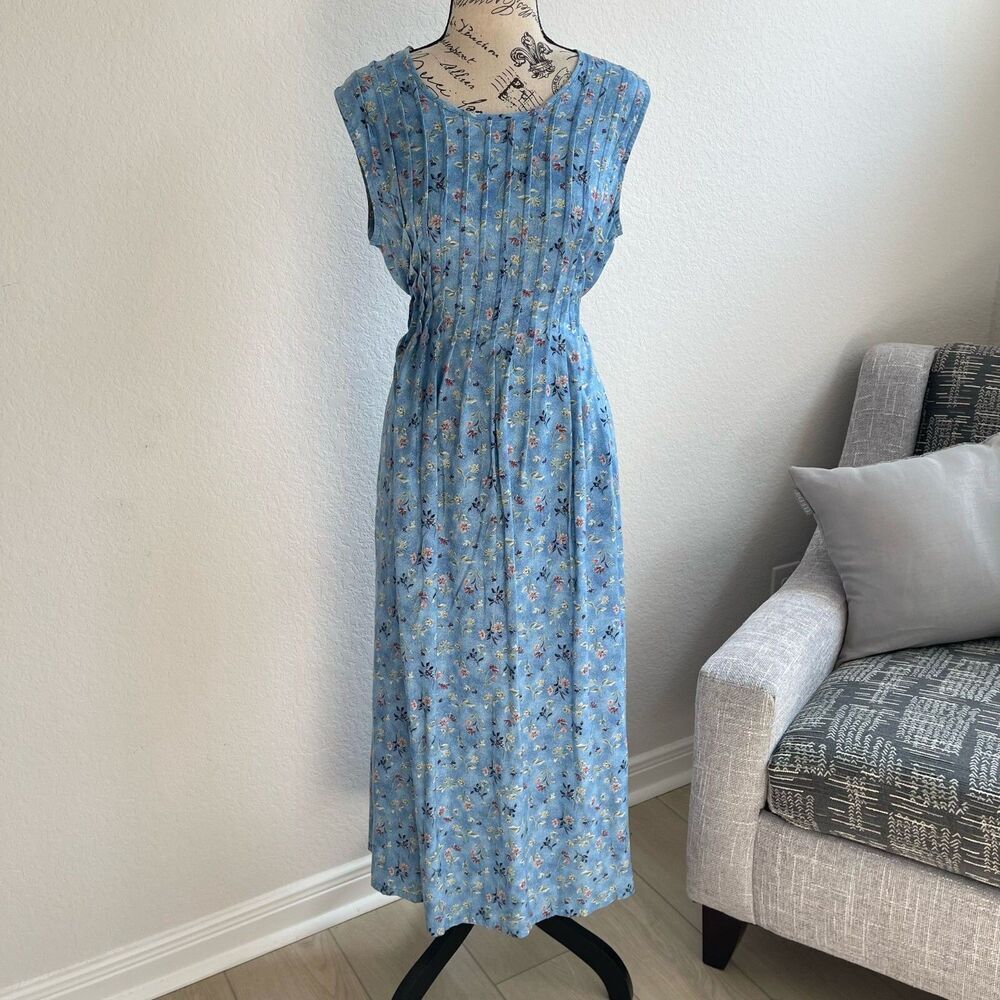 VTG Bentley Womens Midi Dress Blue 8 FLoral Pleatedβ Tie Back Spring Cottagecore